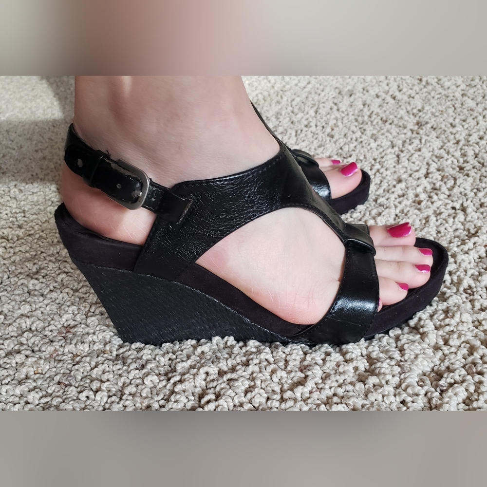Hush Puppy black wedge sandals.